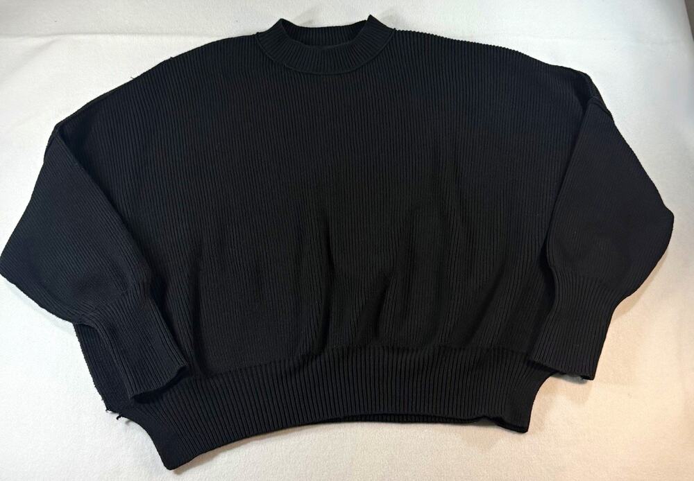 Free People XS/S Black Oversized Ribbed Sweater Mock Neck Side Slit Pullover